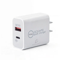 Mandotos International ELEGATE 20W USB-C Turbo Charger QC3.0 for smartphones and laptops, shown with charging port and compact design.