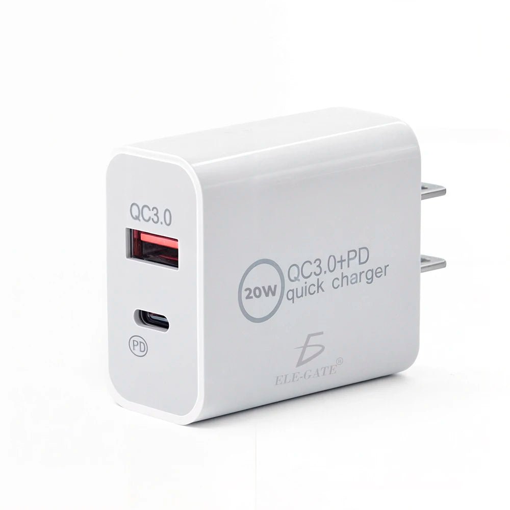Mandotos International ELEGATE 20W USB-C Turbo Charger QC3.0 for smartphones and laptops, shown with charging port and compact design.