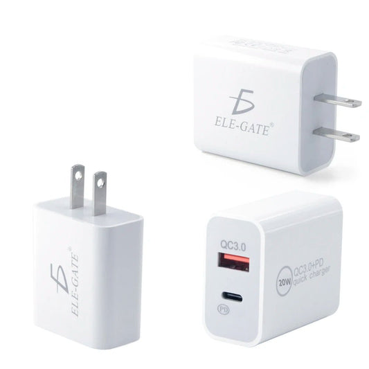 Mandotos International ELEGATE 20W USB-C Turbo Charger with QC3.0 for smartphones and laptops, black compact power adapter.