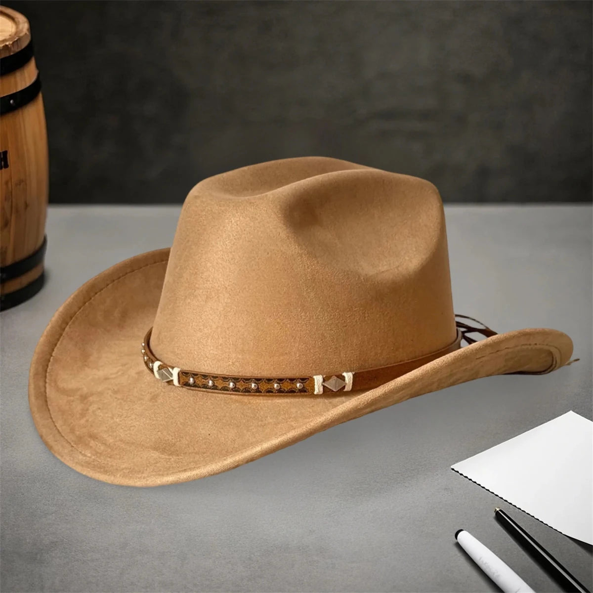 Embellished unisex cowboy hat by MANDOTOS INTERNATIONAL with decorative accents, perfect for stylish outdoor adventures.