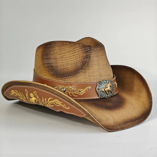 Embroidered straw cowboy hat by MANDOTOS INTERNATIONAL, Western sun hat for women and men, perfect for rodeo and country style.