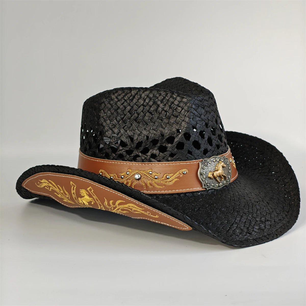Embroidered straw cowboy hat by MANDOTOS INTERNATIONAL, Western sun hat for women and men, perfect for rodeo and country style.