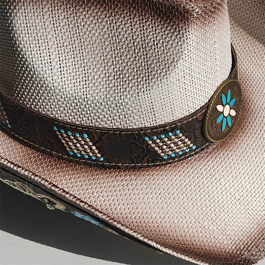 Embroidered straw cowboy hat by MANDOTOS INTERNATIONAL, Western sun hat for women and men, country rodeo cowgirl style