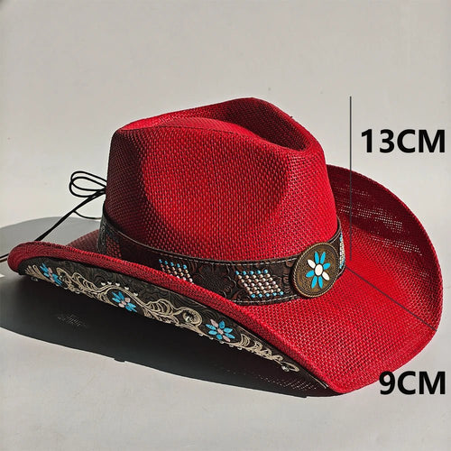 Embroidered straw cowboy hat by Mandotos International, Western sun hat for women and men, perfect for rodeo and country style.