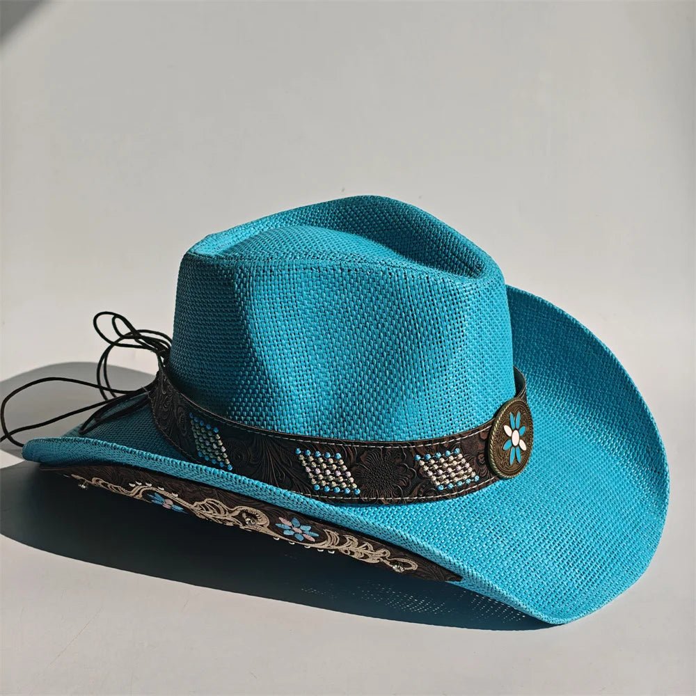 Embroidered straw cowboy hat by MANDOTOS INTERNATIONAL, Western sun hat for women and men, perfect for country and rodeo style.