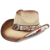Embroidered straw cowboy hat by MANDOTOS INTERNATIONAL, Western-style sun hat for women and men, perfect for rodeo and country wear.