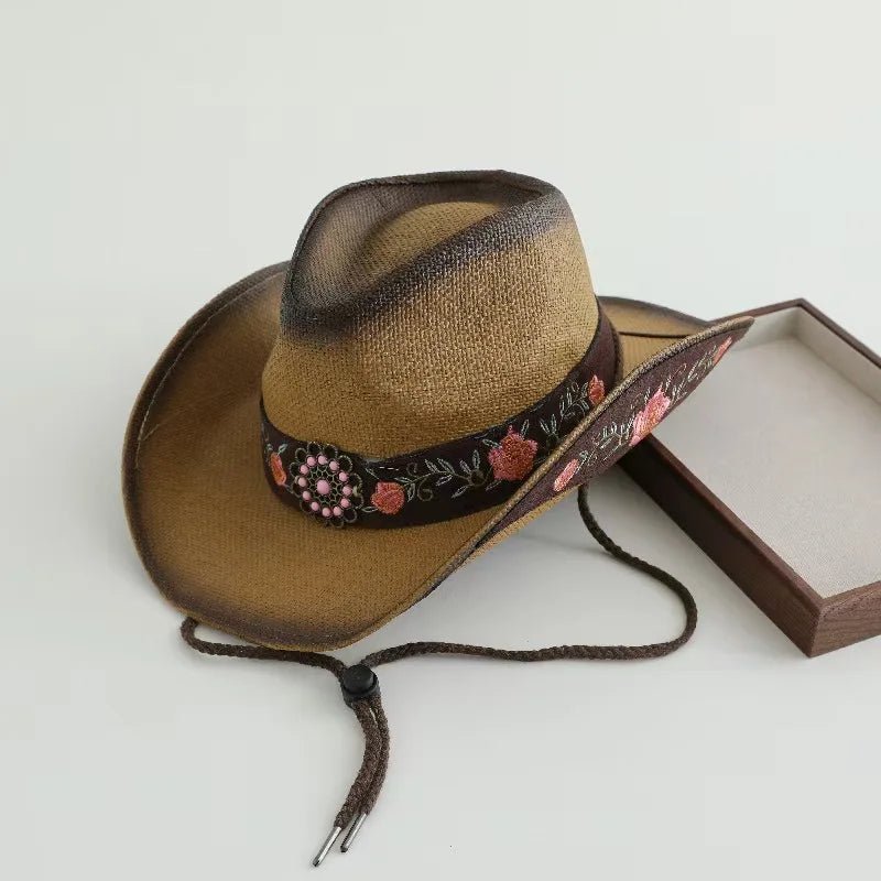 Embroidered straw cowboy hat by MANDOTOS INTERNATIONAL, western sun hat for women and men, perfect for country rodeo and cowgirl style.