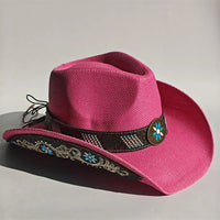 Embroidered straw cowboy hat by MANDOTOS INTERNATIONAL, Western sun hat for women and men, perfect for rodeo and country style.