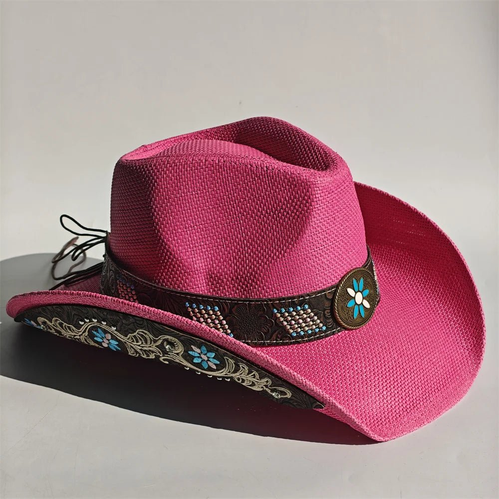 Embroidered straw cowboy hat by MANDOTOS INTERNATIONAL, Western sun hat for women and men, perfect for rodeo and country style.