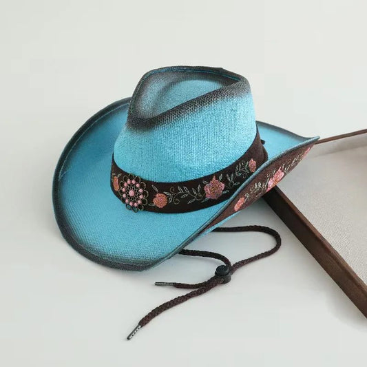 Embroidered straw cowboy hat by MANDOTOS INTERNATIONAL, Western sun hat for women and men, perfect for rodeo and country wear.