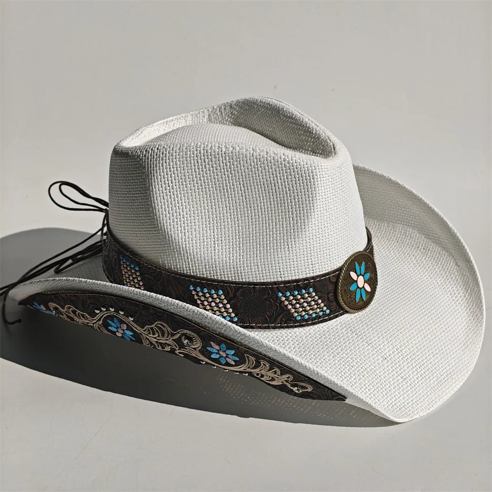 Embroidered straw cowboy hat by MANDOTOS INTERNATIONAL, Western sun hat for women and men, perfect for country rodeo and cowgirl style