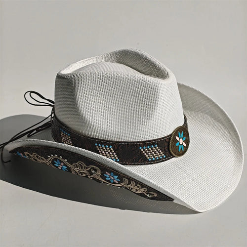 Embroidered straw cowboy hat by MANDOTOS INTERNATIONAL, Western sun hat for women and men, perfect for country rodeo and cowgirl style