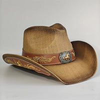 Embroidered straw cowboy hat by MANDOTOS INTERNATIONAL, western sun hat for women and men, perfect for rodeo and country style.