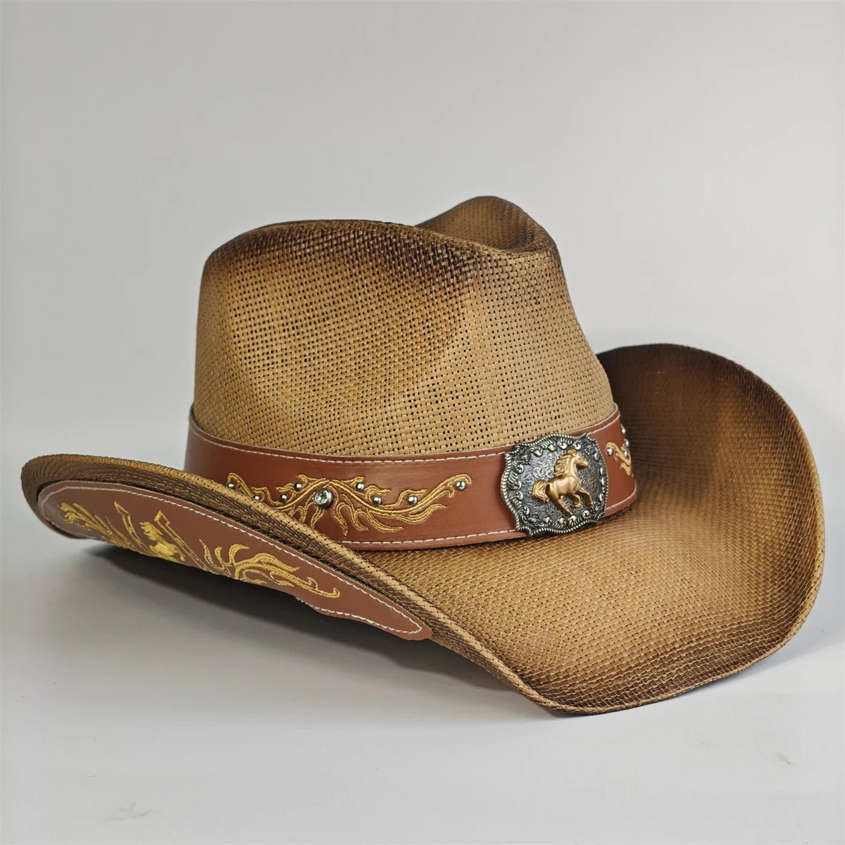 Embroidered straw cowboy hat by MANDOTOS INTERNATIONAL, western sun hat for women and men, perfect for rodeo and country style.