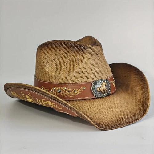 Embroidered straw cowboy hat by MANDOTOS INTERNATIONAL, western sun hat for women and men, perfect for rodeo and country style.