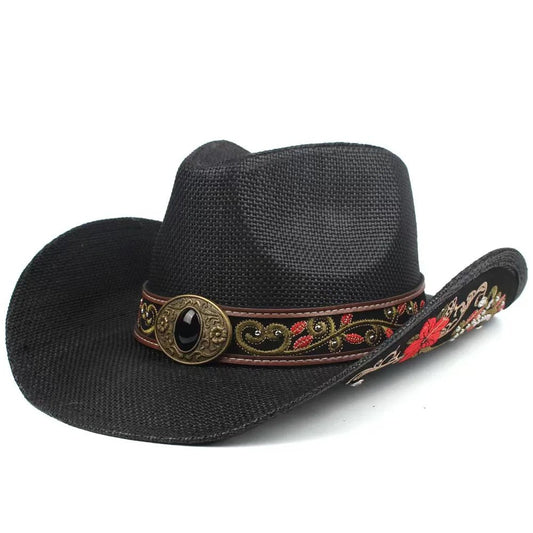 Embroidered straw cowboy hat by MANDOTOS INTERNATIONAL, Western sun hat for women and men, rodeo cowgirl style with decorative embroidery.