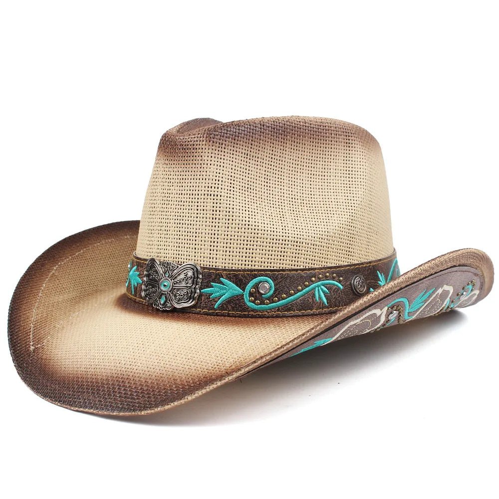 Embroidered straw cowboy hat by MANDOTOS INTERNATIONAL, Western sun hat for women and men, perfect for rodeo and country style.