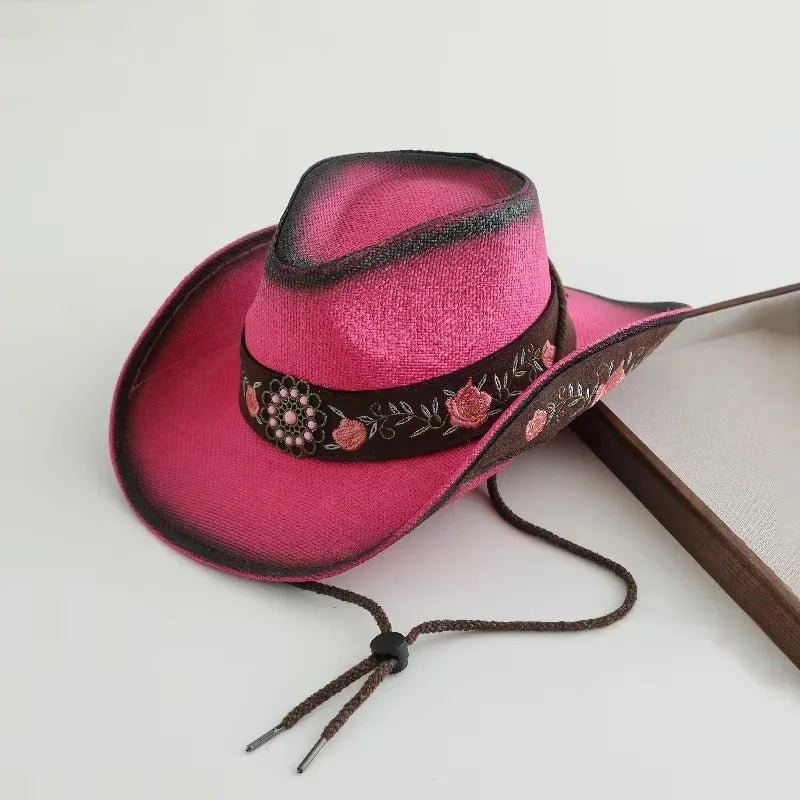 Embroidered straw cowboy hat by MANDOTOS INTERNATIONAL, western sun hat for women and men, perfect for rodeo and country style.