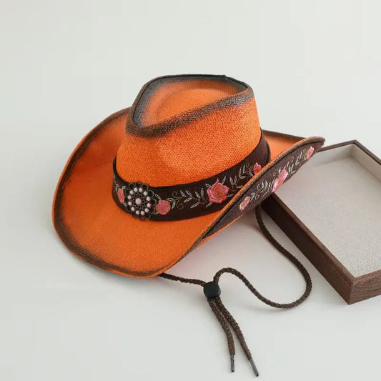 Embroidered straw cowboy hat by Mandotos International, western sun hat for women and men, perfect for rodeo and country style.