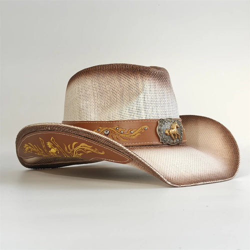 Embroidered straw cowboy hat by MANDOTOS INTERNATIONAL, Western sun hat for women and men, ideal for rodeo and country style.