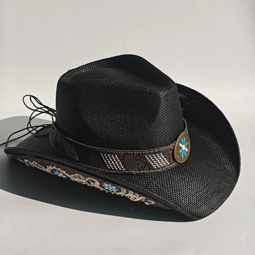 Embroidered straw cowboy hat by MANDOTOS INTERNATIONAL, Western sun hat for women and men, perfect for rodeo and country style.