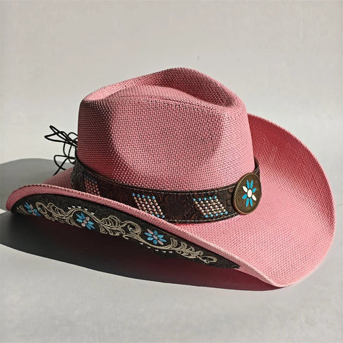 Embroidered straw cowboy hat by MANDOTOS INTERNATIONAL, Western sun hat for women and men, ideal for country and rodeo style.