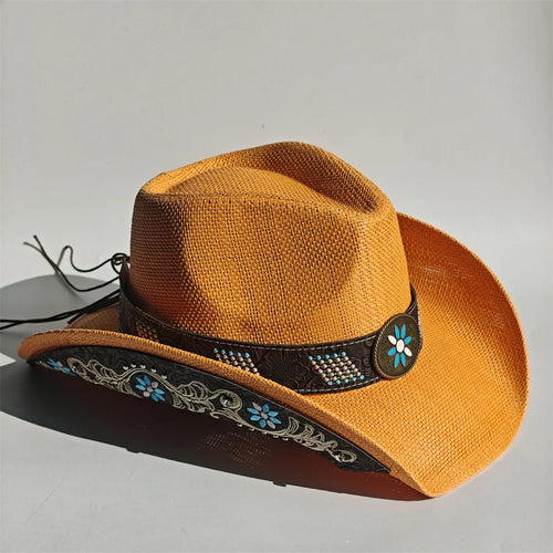 Embroidered straw cowboy hat by MANDOTOS INTERNATIONAL, Western sun hat for women and men, perfect for rodeo and country style.