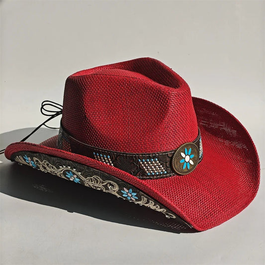 Embroidered straw cowboy hat by MANDOTOS INTERNATIONAL, Western sun hat for women and men, perfect for rodeo and country style.