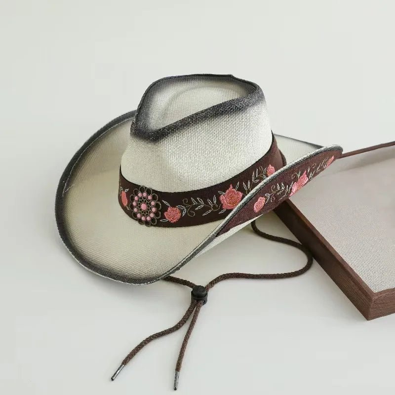 Embroidered straw cowboy hat by MANDOTOS INTERNATIONAL, Western sun hat for women and men, perfect for country rodeo and cowgirl style.