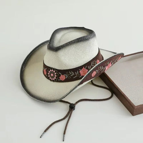 Embroidered straw cowboy hat by MANDOTOS INTERNATIONAL, Western sun hat for women and men, perfect for country rodeo and cowgirl style.