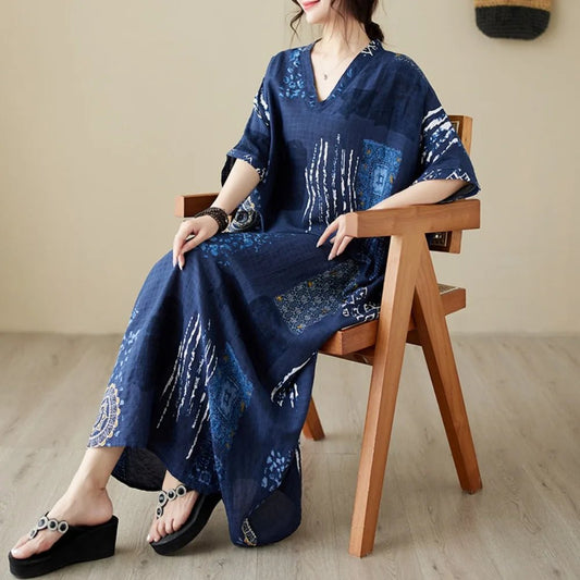 Ethnic Bohemian beach dress for women by MANDOTOS INTERNATIONAL, featuring casual, flowing fabric and vibrant boho patterns.