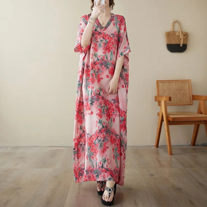 Ethnic Bohemian beach dress for women by MANDOTOS INTERNATIONAL, featuring casual, flowing fabric and vibrant ethnic patterns.