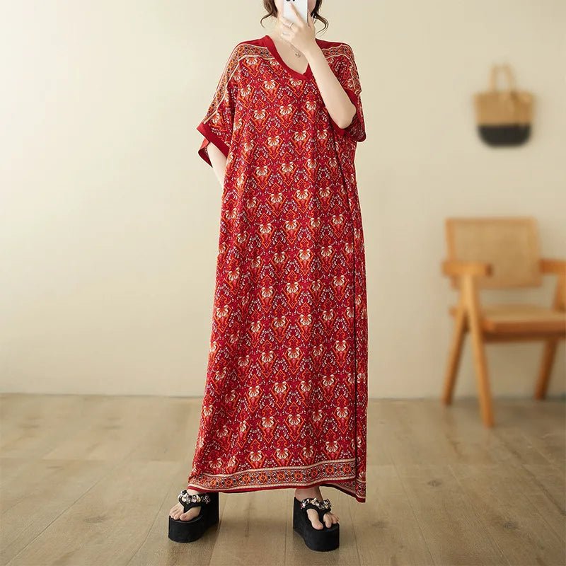 Ethnic Bohemian beach dress for women by MANDOTOS INTERNATIONAL, featuring casual, flowing style in vibrant print.