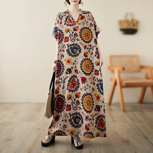 Ethnic Bohemian beach dress for women by MANDOTOS INTERNATIONAL, featuring casual and fashionable design with vibrant patterns.