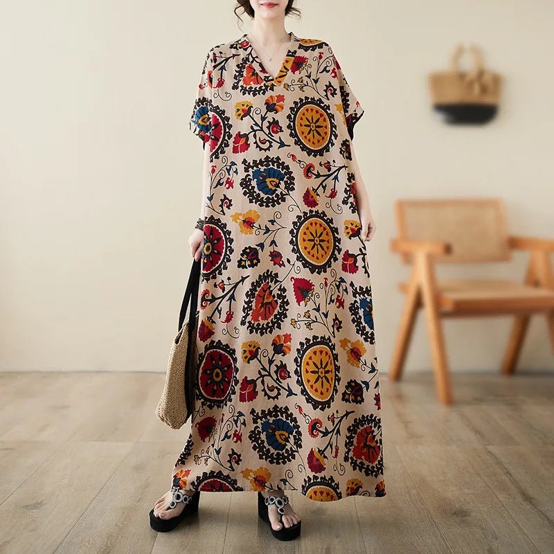 Ethnic Bohemian beach dress for women by MANDOTOS INTERNATIONAL, featuring casual and fashionable design with vibrant patterns.
