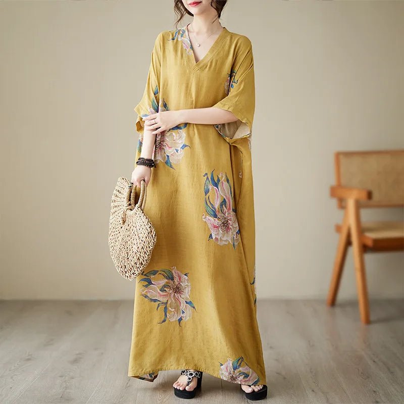 Ethnic Bohemian beach dress for women by MANDOTOS INTERNATIONAL, casual and stylish with vibrant patterns and flowing fabric.