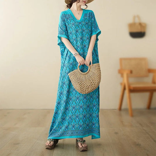 Ethnic Bohemian beach dress for women by MANDOTOS INTERNATIONAL, casual and fashionable with vibrant ethnic patterns.