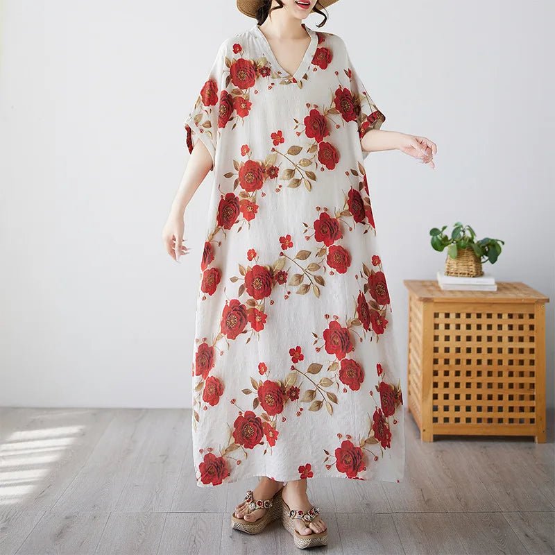 Ethnic Bohemian beach dress for women by MANDOTOS INTERNATIONAL, casual and fashionable with vibrant patterns and flowing fabric.