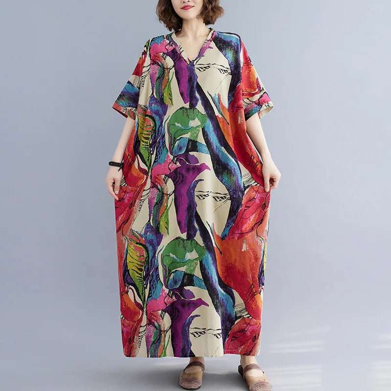 Ethnic Bohemian beach dress for women by MANDOTOS INTERNATIONAL, featuring casual, flowy fabric with colorful ethnic patterns.