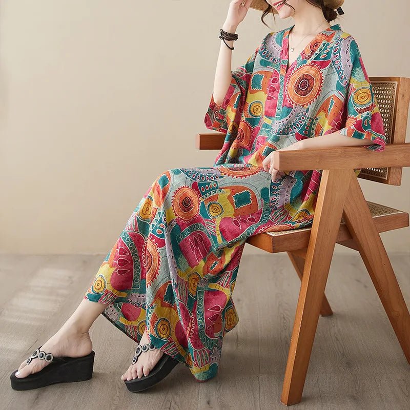 Ethnic Bohemian beach dress for women by MANDOTOS INTERNATIONAL, casual and stylish with colorful patterns and flowing fabric.