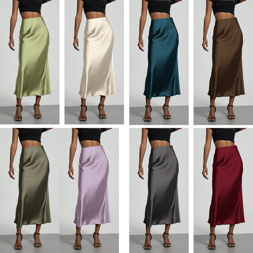 European American style satin midi skirt by MANDOTOS INTERNATIONAL, shown in a sleek, elegant design with a smooth satin finish.