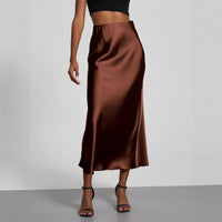 European American style satin midi skirt by MANDOTOS INTERNATIONAL, shown in a sleek, elegant design suitable for stylish wear