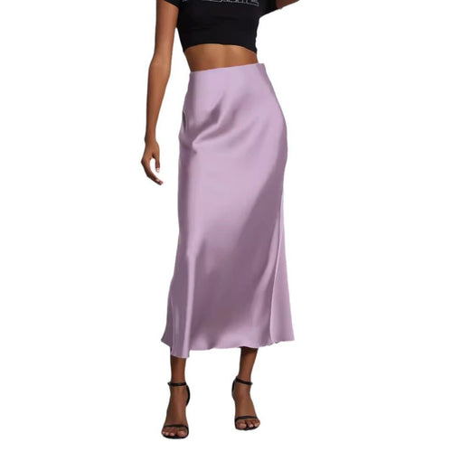 European American style satin midi skirt by MANDOTOS INTERNATIONAL, featuring a smooth, elegant fabric and classic midi length.