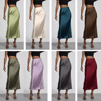 European American style satin midi skirt by Mandotos International, displayed in a natural pose showcasing its elegant design.