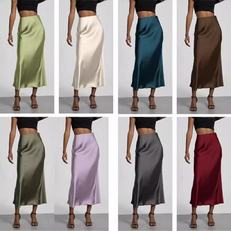 European American style satin midi skirt by Mandotos International, displayed in a natural pose showcasing its elegant design.