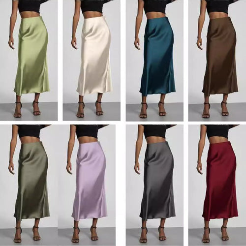 European American style satin midi skirt by Mandotos International, displayed in a natural pose showcasing its elegant design.