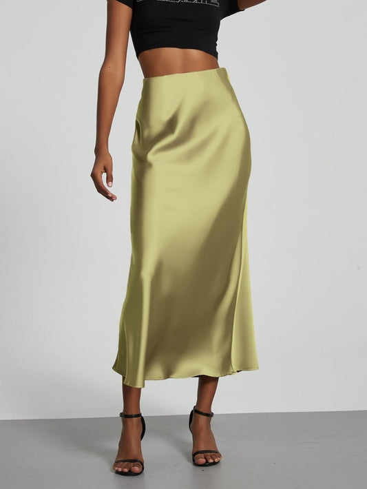 European American style satin midi skirt by MANDOTOS INTERNATIONAL, shown in a flowing, elegant design with a smooth satin finish.