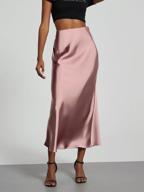 European American style satin midi skirt by MANDOTOS INTERNATIONAL, shown in a soft, flowing fabric with a stylish midi length.