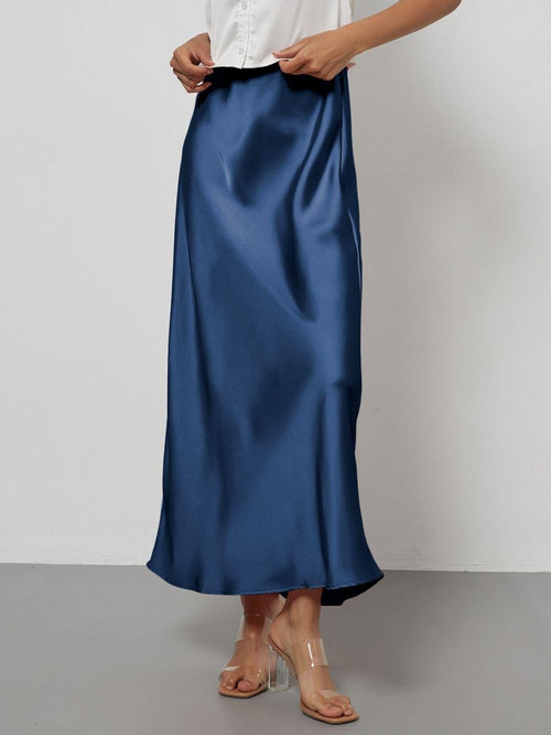 European American style satin midi skirt by MANDOTOS INTERNATIONAL, shown in a sleek, elegant design perfect for fashion-forward looks.