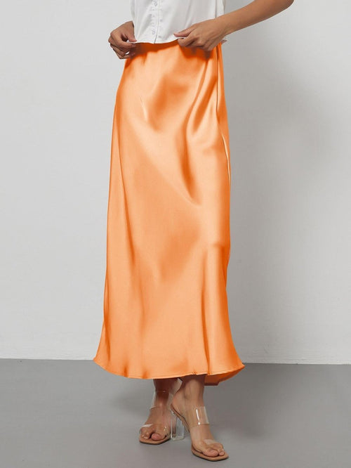 European American style satin midi skirt by Mandotos International, showcasing a sleek, elegant design in a retail-ready image.
